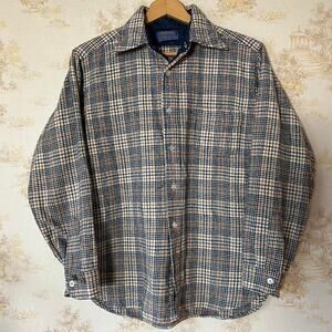 Vtg 60s/70s Pendleton Tan/Black 100% Virgin Wool Houndstooth Plaid Flannel L